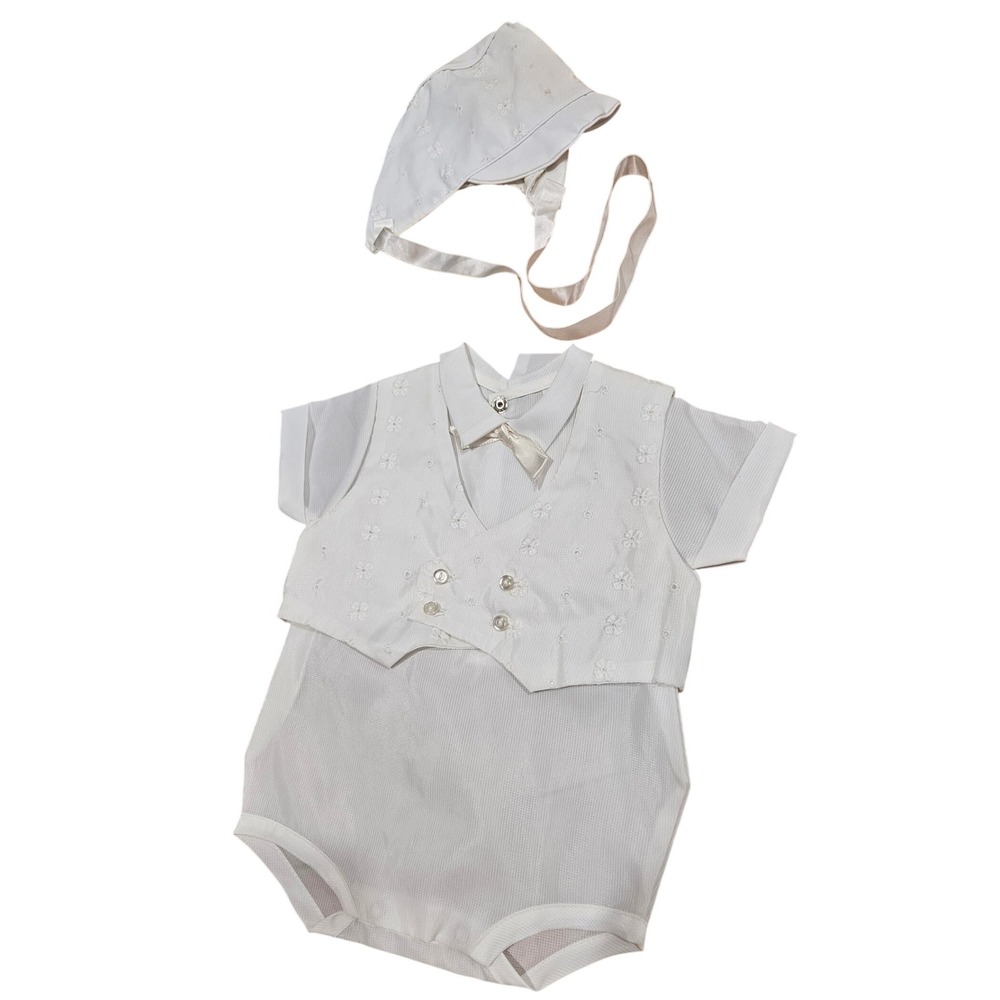 Vintage White Baby Boys Romper Vest Set with Bonnet Christening Special Occasion